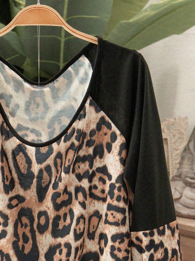 Black Cotton-Blend Casual Crew Neck Leopard Shirts & Tops