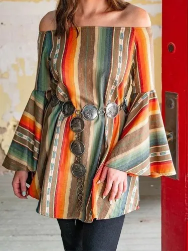 Flared Sleeves With Ruffles Off Shoulder Boho Shirts & Tops