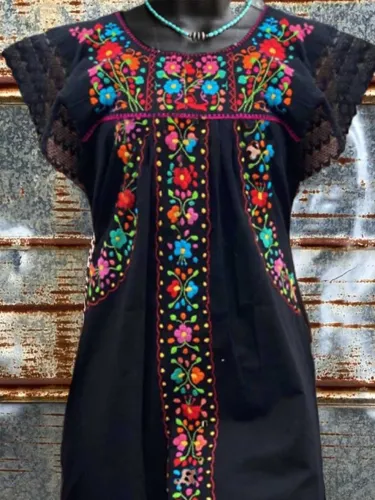 Floral Short Sleeve Vintage Crew Neck Dresses
