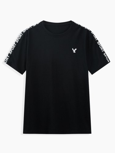 Men's Eagle Embroidered Letter Tape Round Neck T-Shirt