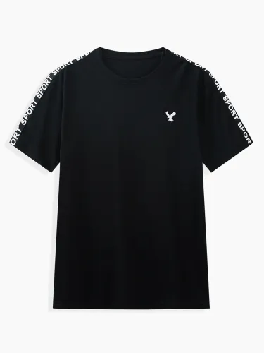 Men's Eagle Embroidered Letter Tape Round Neck T-Shirt