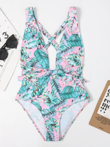 Floral Print Plunging Collar One-Piece Swimsuit