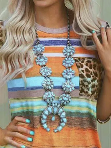 Multicolor Holiday Crew Neck  Leopard Shirts & Tops