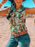 Vintage Sleeveless Boho Cactus Geometric Printed Plus Size Casual Vest Tops