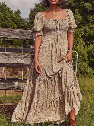 Flower Cotton-Blend Square Neck Vintage Floral Dresses