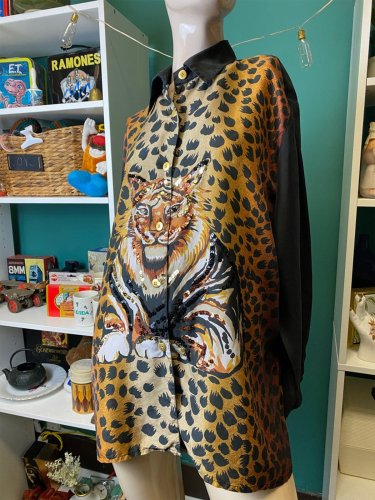Tiger Leopard Floral-Print Long Sleeve Boho Shirts & Tops