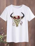 Vintage Short Sleeve Boho Horns Floral Printed Plus Size Casual Tops