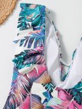 Leaf Printed Plunge Neck One-Piece Swimwear