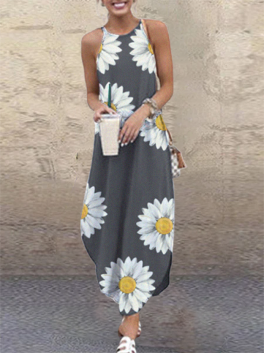 Gray Floral A-Line Knitted Dresses