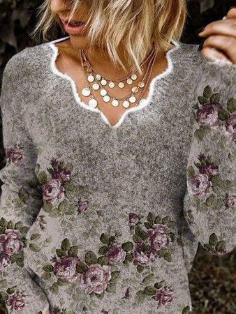 Long Sleeve V Neck Cotton-Blend Shirts & Tops