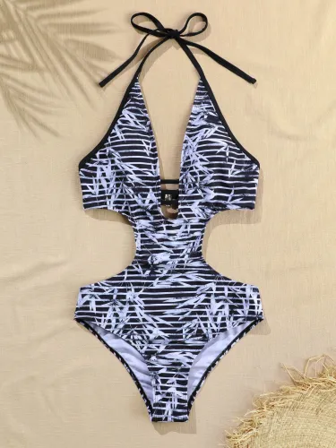 Leaf Stripe Print Plunging Cut Out One-Piece Swimsuit