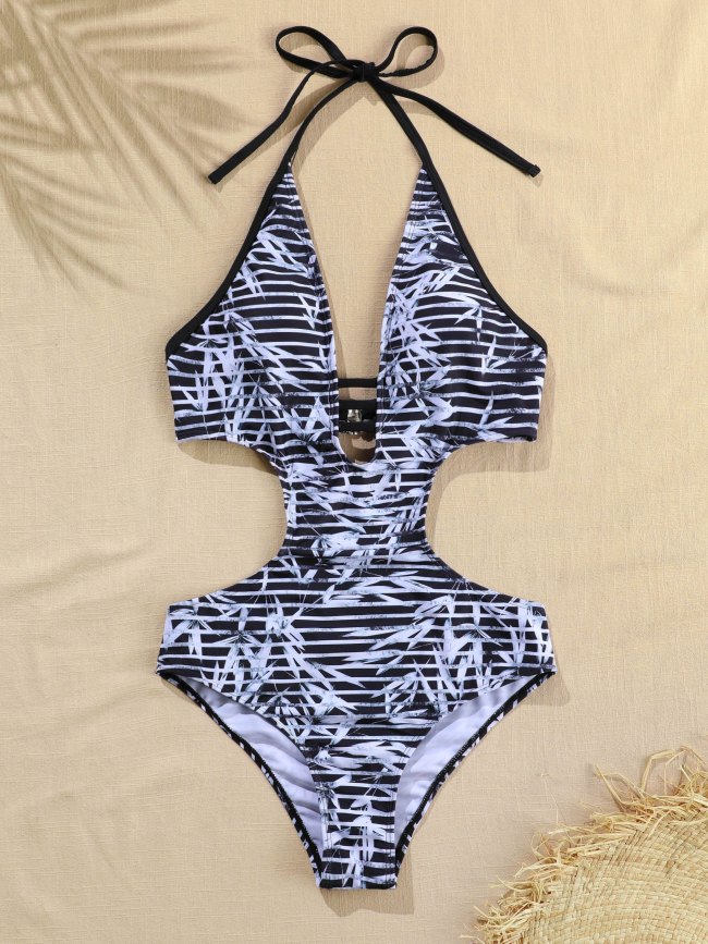 Leaf Stripe Print Plunging Cut Out One-Piece Swimsuit