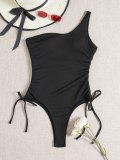 Ribbed Solid Cinched One Shoulder Swimsuit