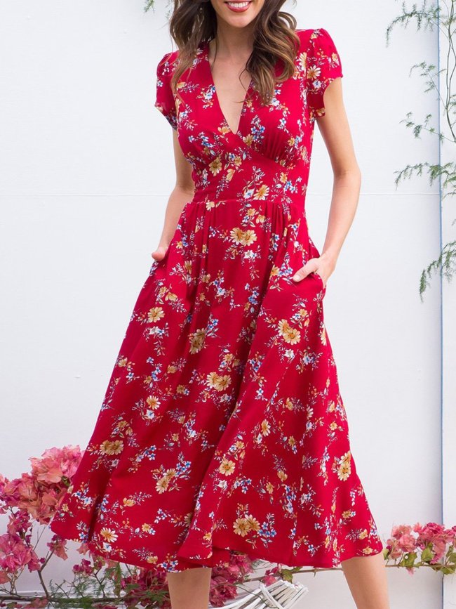 Floral Short Sleeve Floral-Print V Neck Dresses