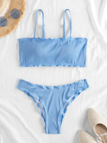 Ribbed Solid Lettuce Trim Bikini