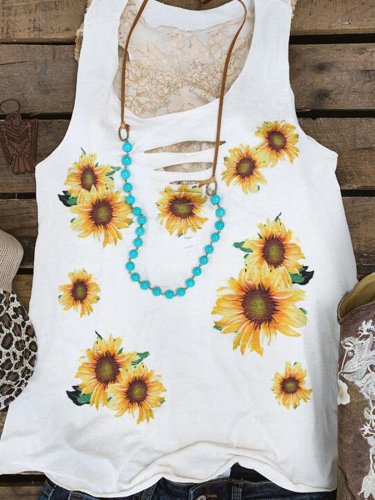 Plus Size Casual Crew Neck Sleeveless Floral Shirts & Tops