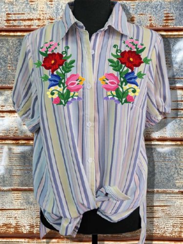 Cotton-Blend Short Sleeve Vintage Shift Shirts & Tops