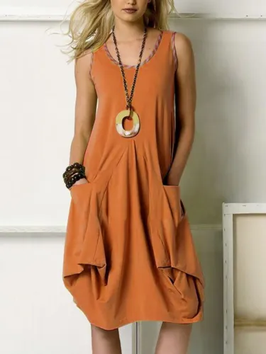 Sleeveless Round Neck Loose Casual Pocket Dresses