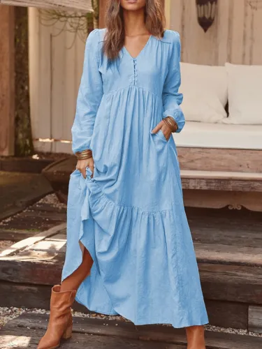 V Neck Women Dresses Pockets Going Out Casual Paneled Dresses