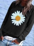 Blue Cotton-Blend Crew Neck Floral Casual Shirts & Tops