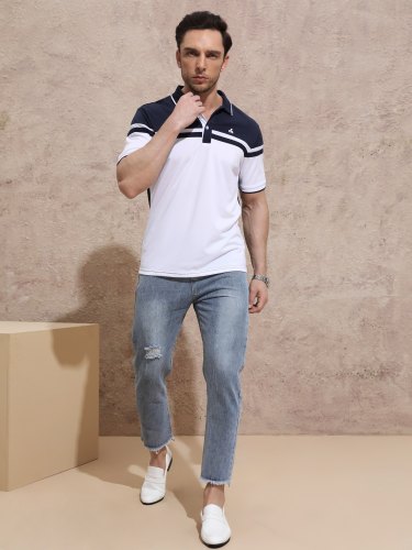 Men's Casual Color Block Striped Polo Shirt