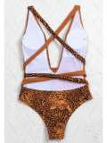 Leopard Color Block Plunging Collar One-Piece Swimwear