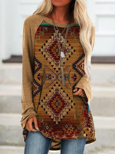 Geometric Round Neck Printed Long Sleeve Shirts & Tops