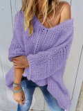 Plus Size Casual Solid Knitted V Neck Long Sleeve Sweater