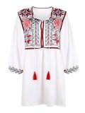 White Holiday Casual Boho Floral Printed A-Line V Neck 3/4 Sleeve Dresses