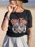 Western style casual plus size loose tiger head print pattern short sleeve round neck T-shirt