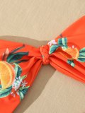 Retro Orange Leaf Print Cut Out Swimsuit