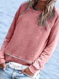 Blue Cotton-Blend Crew Neck Long Sleeve Plain Shirts & Tops