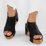 Plus Size Peep Toe PU Wedges Blocking Hook-Loop Wedge Sandals