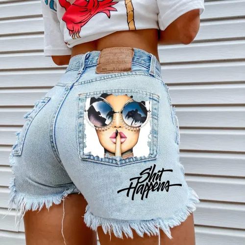 复制Fashion Wash Blue Jeans shorts glasses