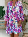 V Neck Buttoned Down Abstracy Printed Dresses