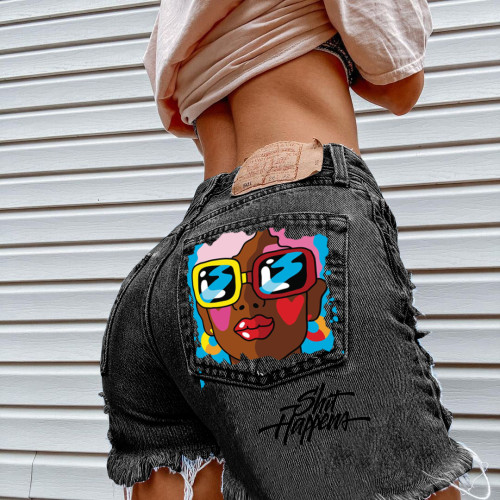 Fashion Wash Blue Jeans shorts glasses