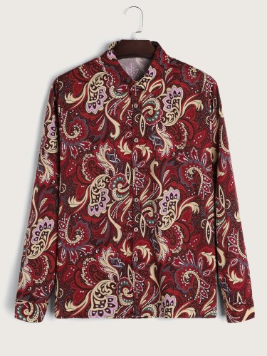 Men's Red Ethnic Floral Print Long Sleeve Shirt