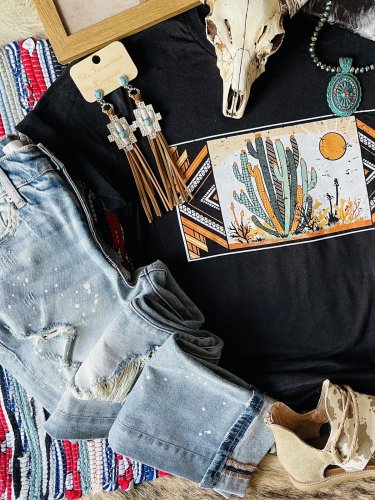 Short Sleeve Crew Neck Printed Geometric Shirts & Tops