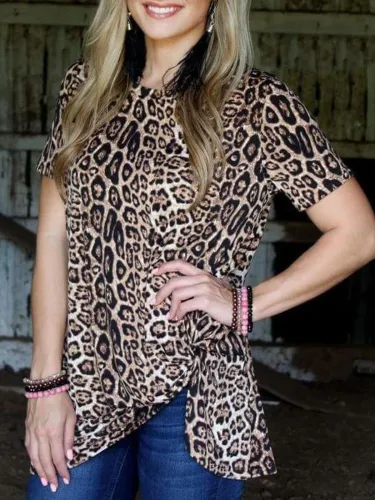 Leopard Shift Printed Short Sleeve Shirts & Tops
