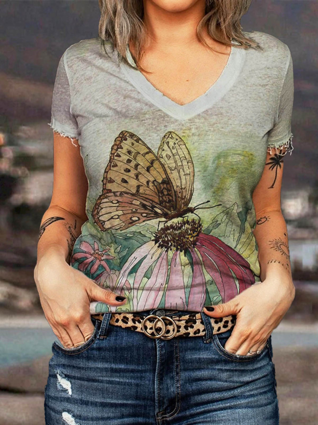 Cotton-Blend Short Sleeve Casual Printed Shirts & Tops