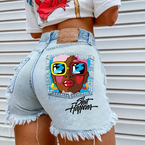 Fashion Wash Blue Jeans shorts glasses