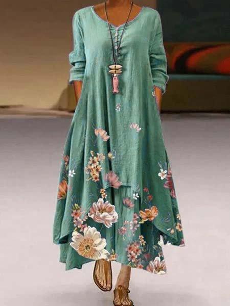3/4 Sleeve Crew Neck Floral Dresses