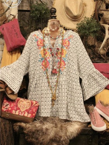 Boho Cotton-Blend Polka Dots Vintage Shirts & Tops