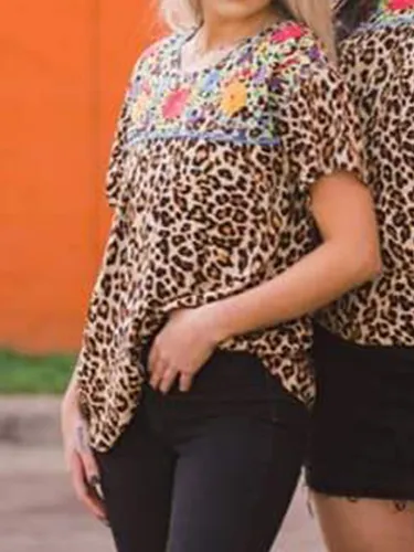 Vintage Leopard Crew Neck Short Sleeve Shirts & Tops