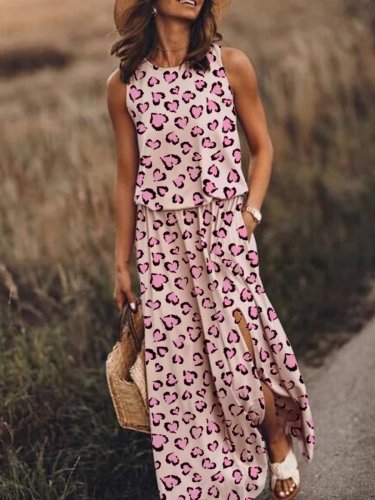 Pink Holiday Leopard-Print Cotton-Blend Round Neck Dresses