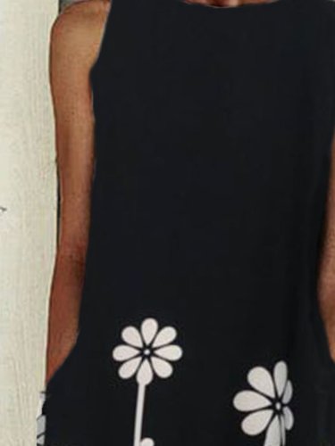 Black Sleeveless Crew Neck Cotton-Blend Dresses
