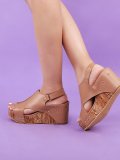 Plus Size Peep Toe PU Wedges Blocking Hook-Loop Wedge Sandals