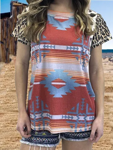 Short Sleeve Shift Casual Leopard Shirts & Tops