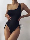 Ribbed Solid Cinched One Shoulder Swimsuit