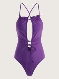 Solid Straps Backless Ruffle One-piece Swimsuit